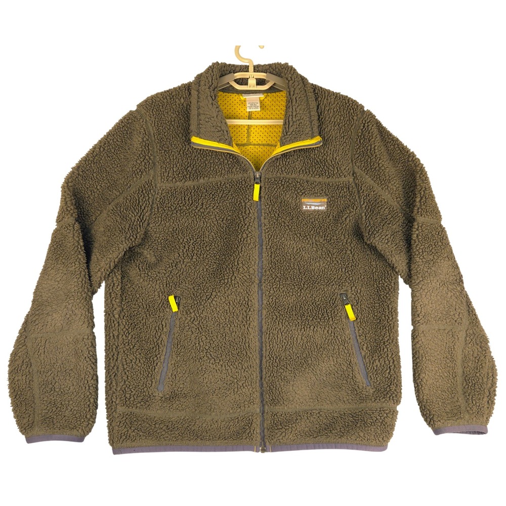 LL Bean Mens Sherpa Fleece Jacket Olive Green Full Zip Hi-Pile 500365 Medium